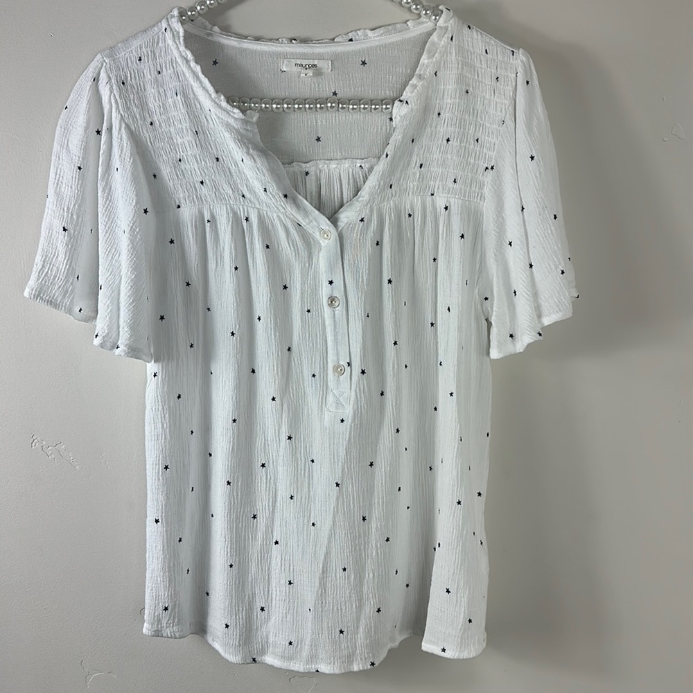 Maurices White Star Flutter Sleeve Button Front T… - image 2